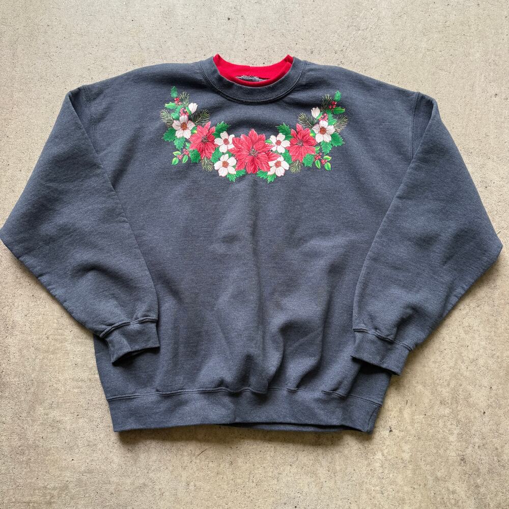 Women's Vintage 90's Gray Red Floral Fleece Crewneck Pullover Sweatshirt Sz XL